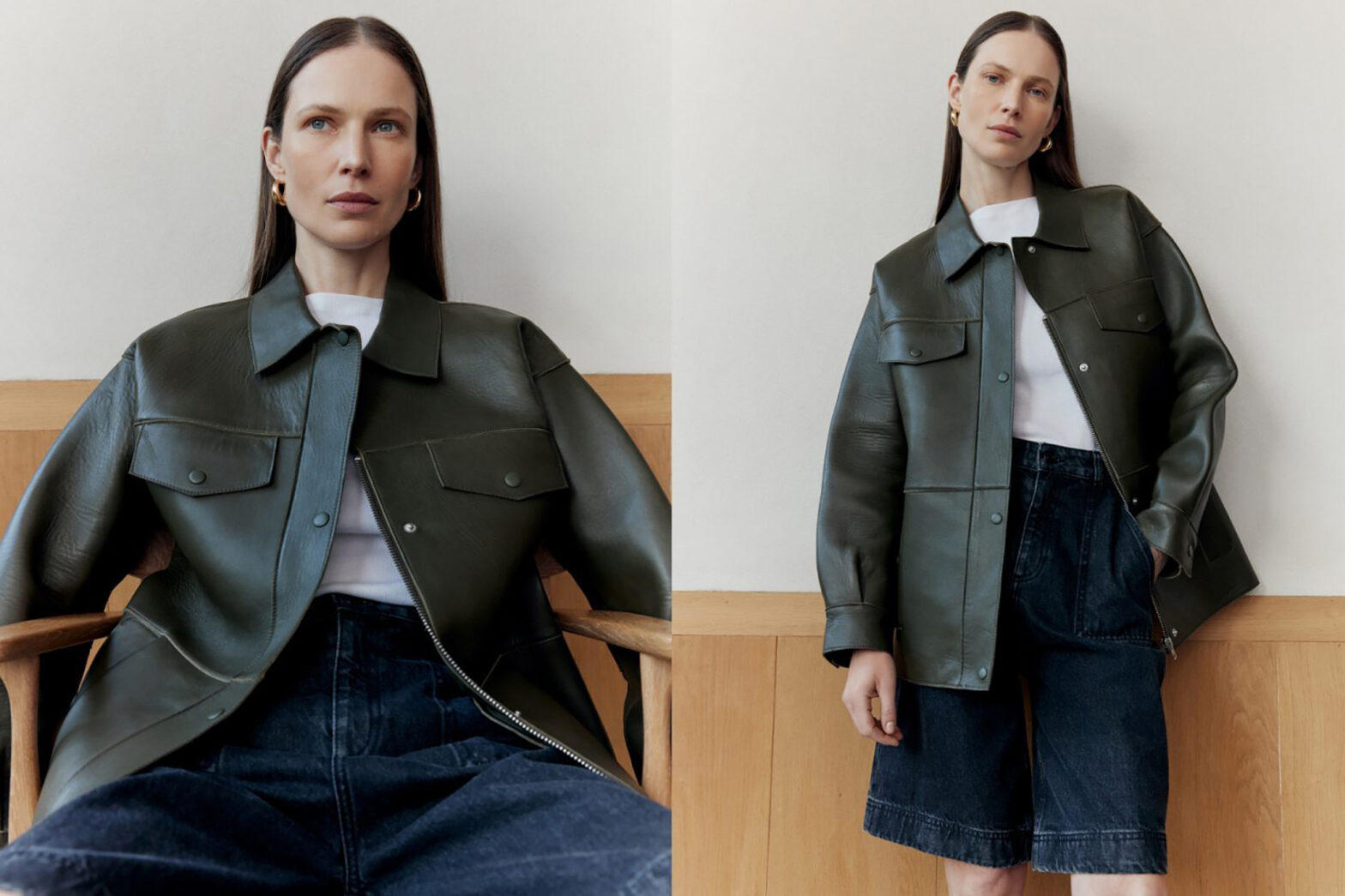 Lady in formal fitted clothes slouched against a wooden bench.